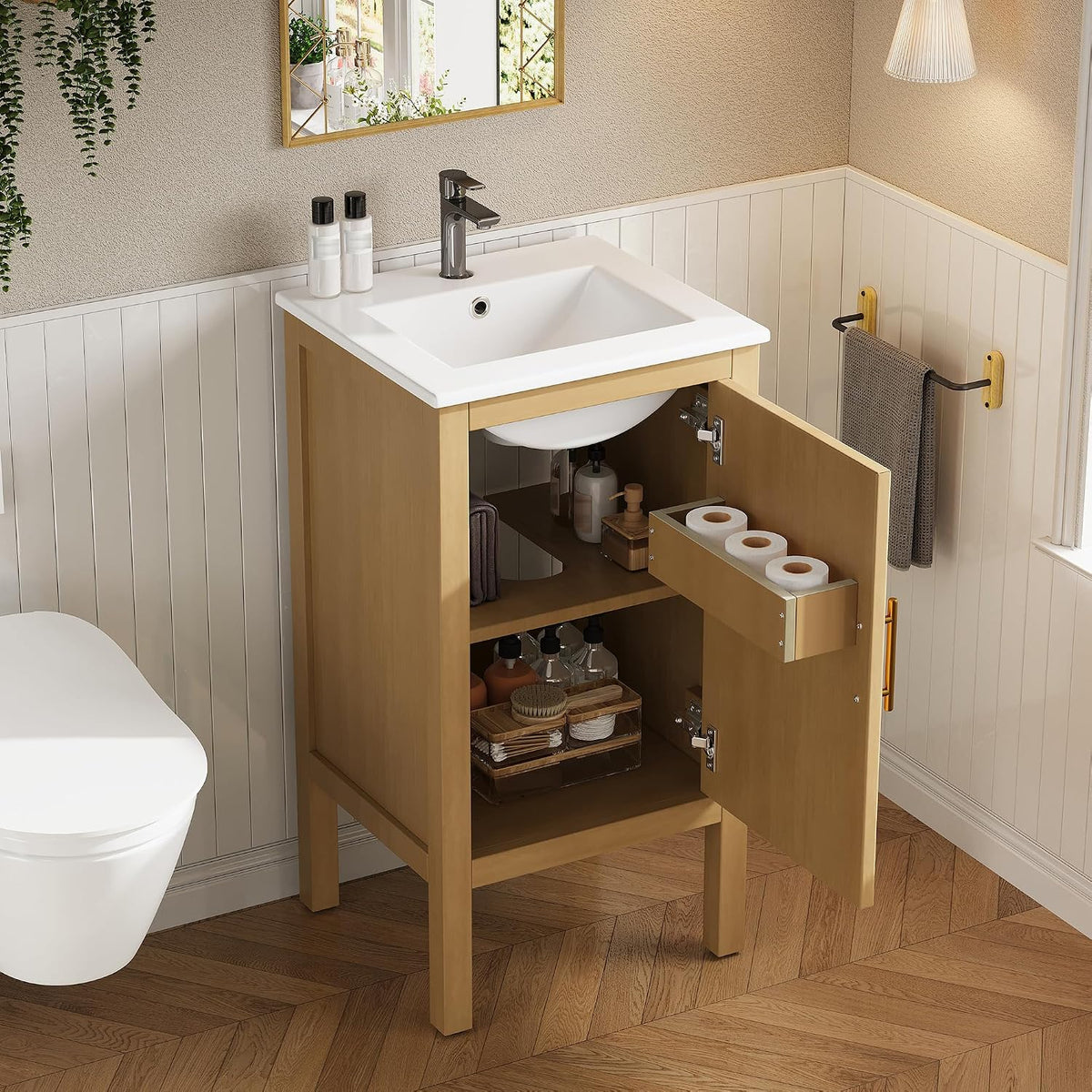 Fluted Wood Bathroom Vanity With Ceramic Sink